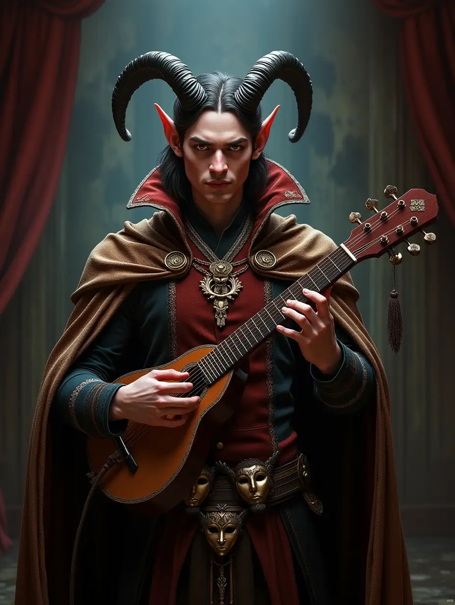 Ultra-detailed fantasy portrait of Badr, a Tiefling bard with near-human traits. His pale rose skin shows faint infernal heritage - just subtle shadows and barely-there veins. Golden eyes with vertical pupils gleam mischievously beneath half-lidded gaze. Elegant dark horns curve back like a crown. He holds an ornate lute with one hand, while the other gestures theatrically. nDressed in a luxurious velvet doublet embroidered with dragons, layered under an iridescent cloak. Masks of comedy and tragedy hang at his belt. The background reveals a theater's backstage - cracked mirrors reflect his various disguises (a noble rogue, a street performer, an elven poet). Dramatic spotlight lighting with haze effects, hyper-realistic 8K details in Guillermo del Toro's dark fantasy style.