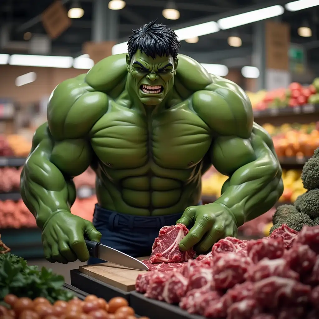 Hero Hulk, selling at the market while cutting meat