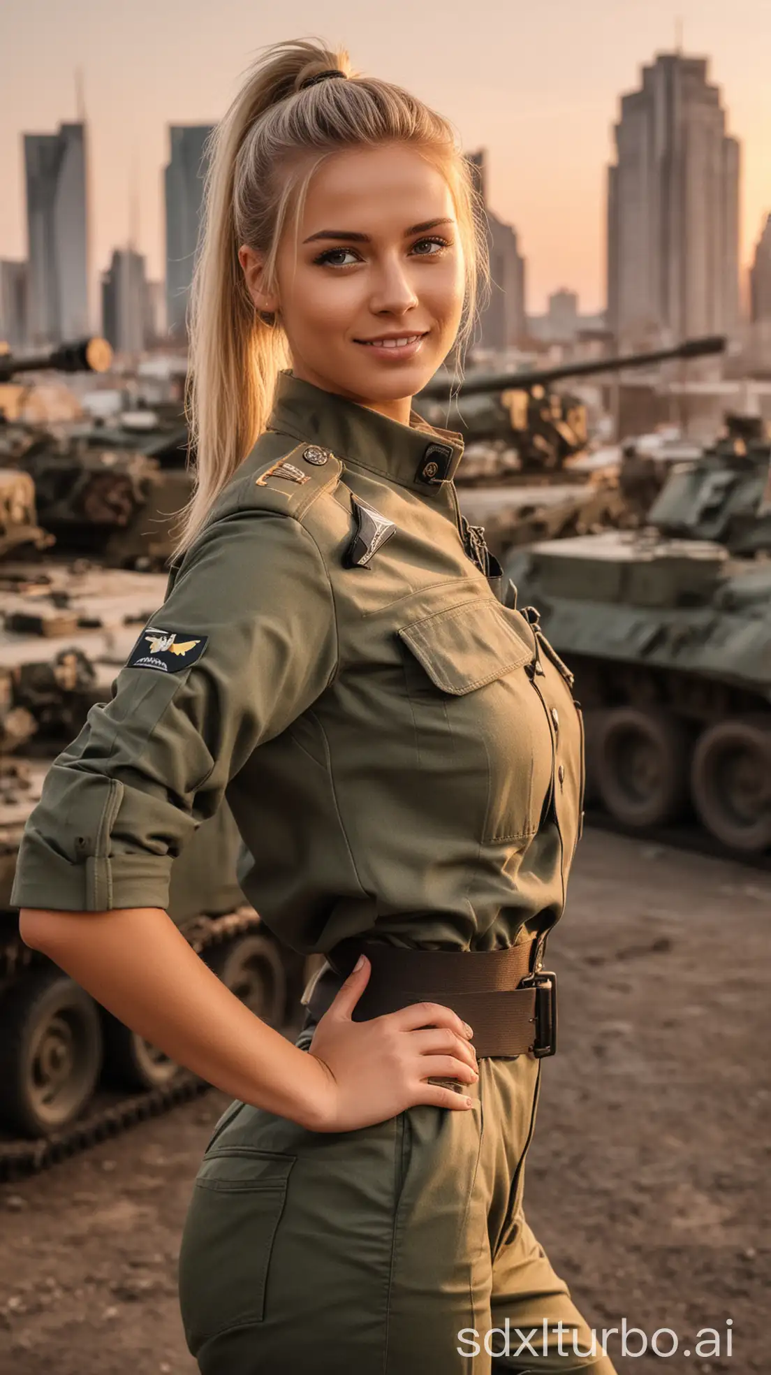 Blonde German model, with a ponytail, posing in a fitted military uniform and smiling, full body, against a city backdrop and military tanks, at sunset