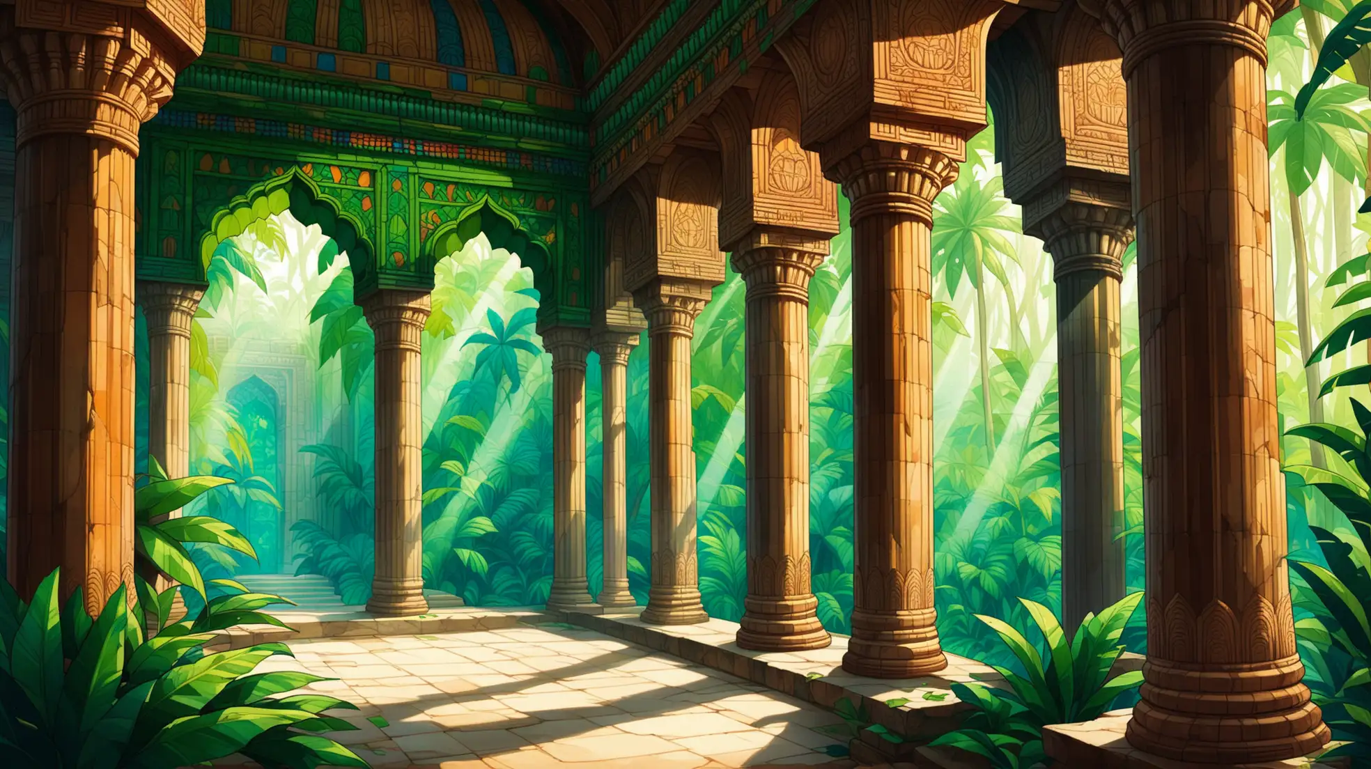 drawn  jungle, India, inside an ancient temple, carved columns, stained glass window