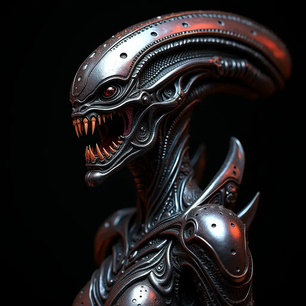 Hyperrealistic portrait of a beautiful armored alien queen with sharp teeth in front of elaborately detailed, colorful black background