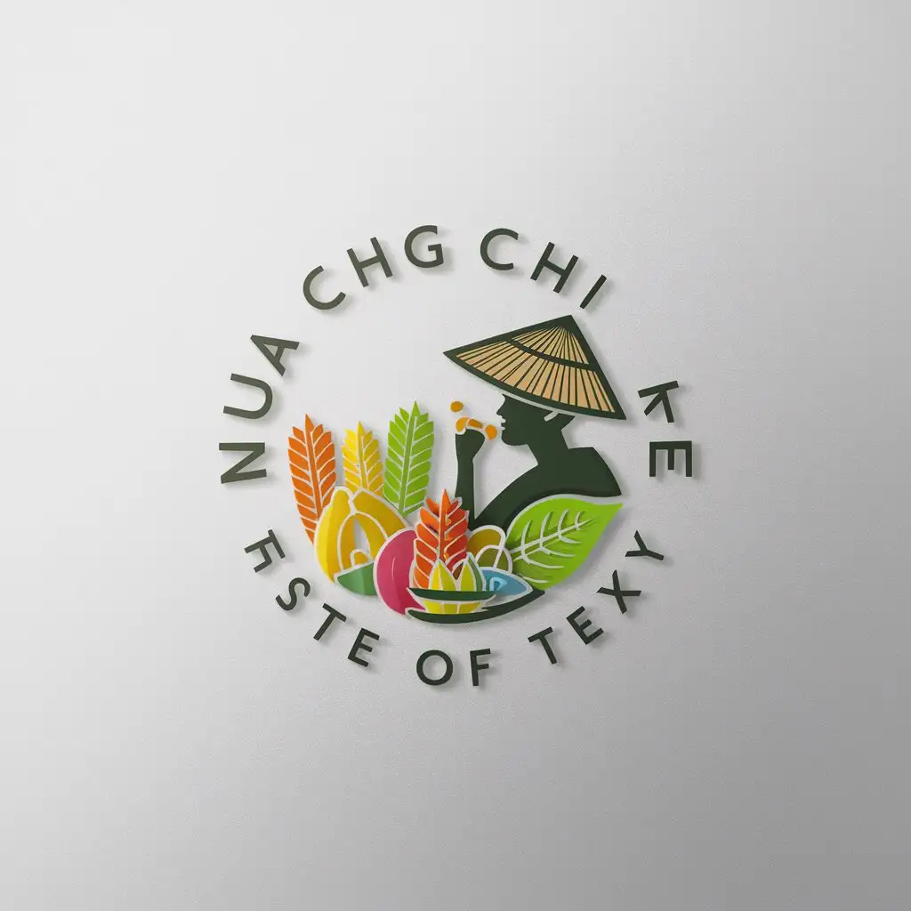 a logo design,with the text "Hua Cheng Chi Ke", main symbol:A person wearing a conical straw hat is savoring， Some crops and colors. the logo likely circle,Minimalistic,clear background