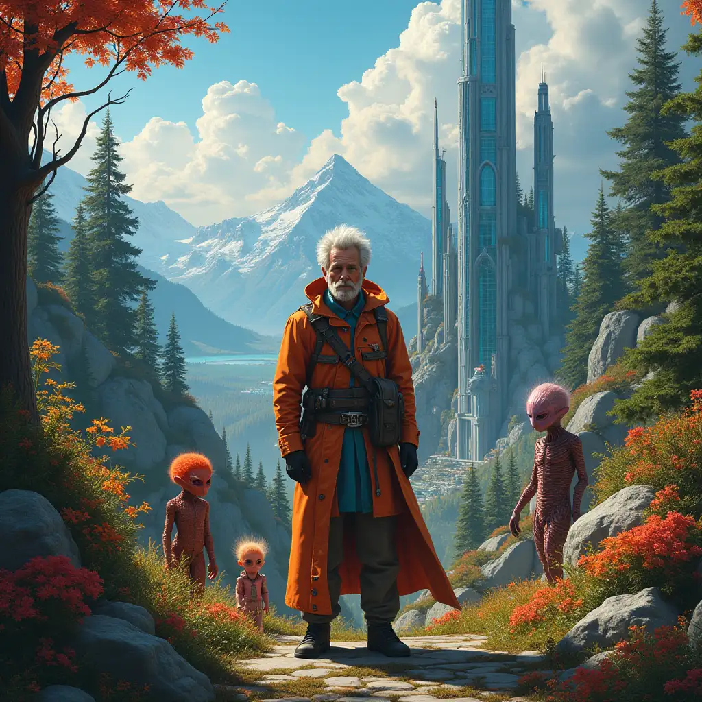 ultradetailed hyperrealistic portrait  Multiversum time traveler with various strange beings with futuristic glass towers The elaborately detailed, colorful forested , in the background mountains city