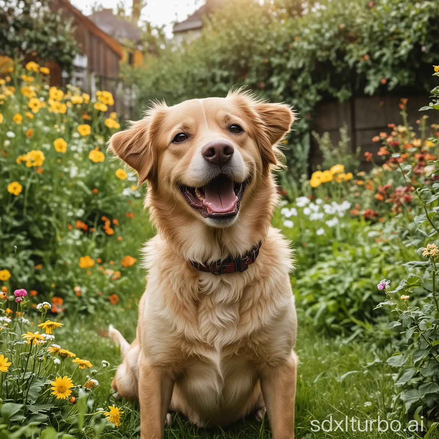 Happy-Dog-Playing-in-a-Lush-Garden-with-Vibrant-Flowers