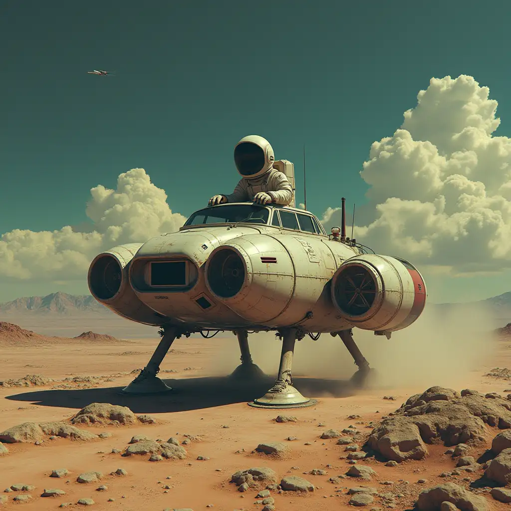 Astronaut-with-Broken-Cello-Riding-Space-Hovercraft-on-Desolated-Planet