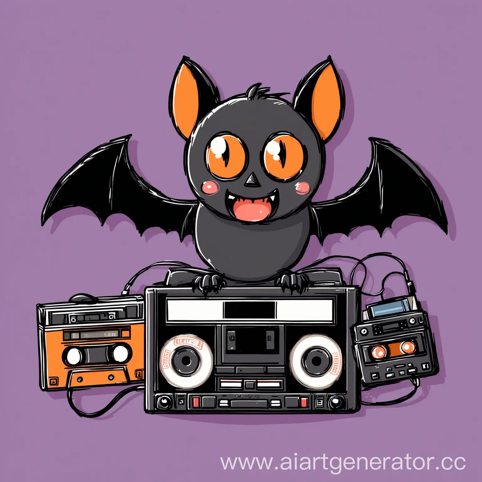 Cartoon-Bat-Playing-Cassette-Player-in-Moonlit-Night