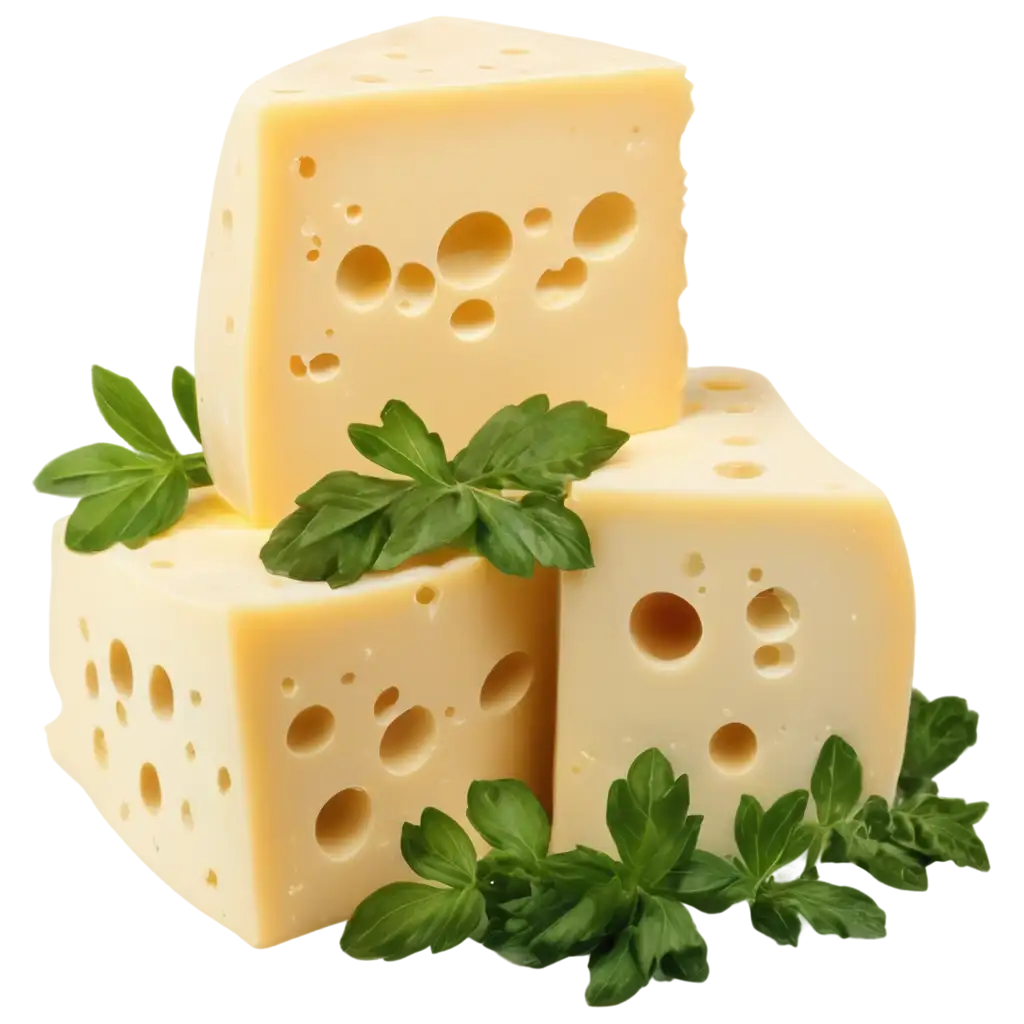 HighResolution-PNG-Image-of-Swiss-Cheese-Blocks-with-Creamy-Texture-and-Green-Herb-Accents