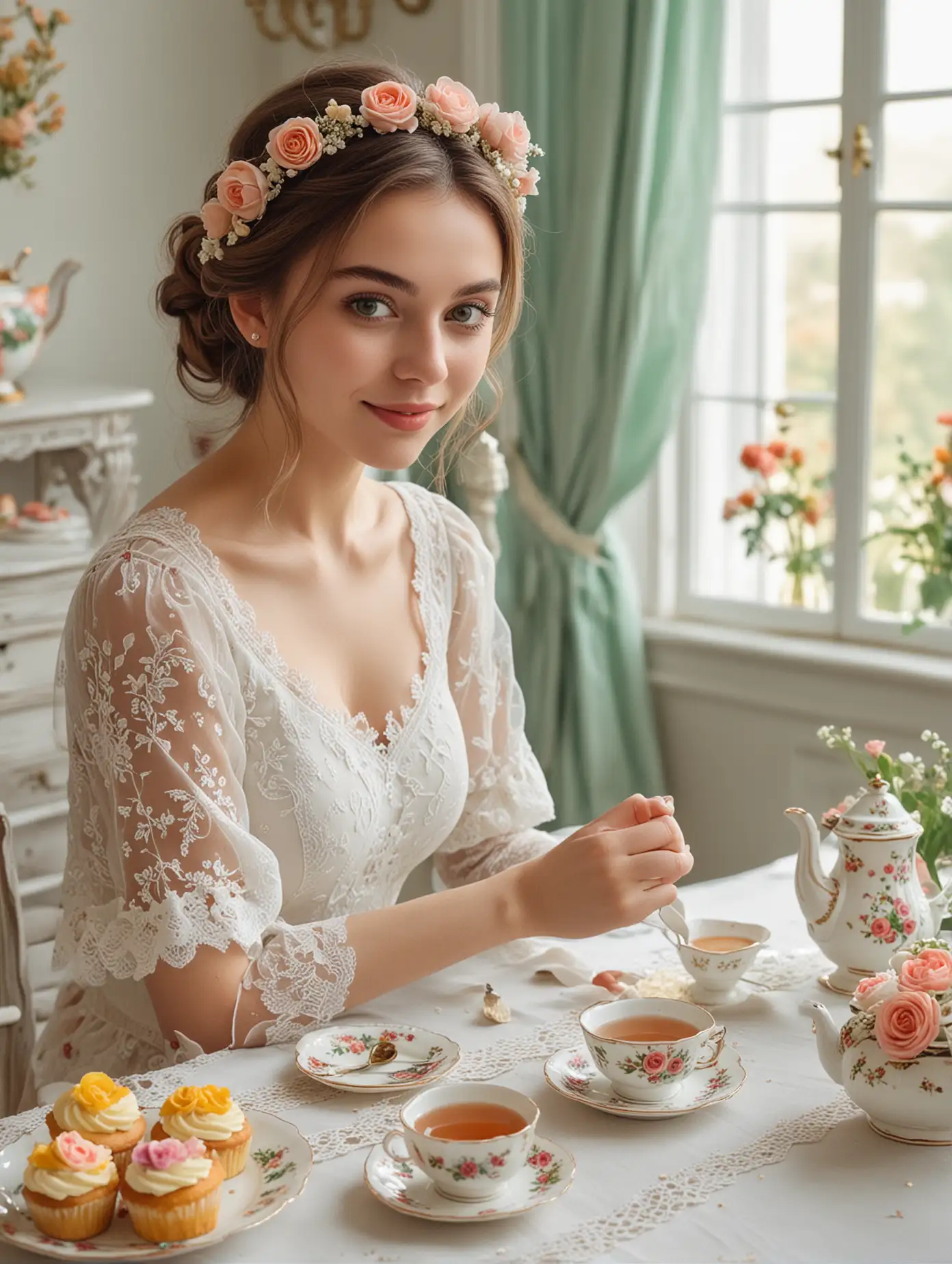 action packed, masterpiece, best quality, ultra-detailed, 1 girl sitting at a table, serene smile, beautiful green eyes, styled hair with a floral headband, wearing an elegant dress with lace details, holding a delicate teacup and saucer, surrounded by a charming tea party setting, (delicious-looking cakes and pastries on table: 1. 05), (exquisite teapot and tea set: 1. 1), (colorful flowers and foliage in the background: 1. 15), (detailed perspective of table and surroundings: 1. 2), (soft classical music playing in the background: 1. 25), (pastel color palette with a touch of gold: 1. 3), (aromatic fragrance of tea and flowers: 1. 35), (dainty tea party accessories on the table: 1. 4), <lora:add_detail:0.4> <lora:epi_noiseoffset2:0.4> <lora:hairdetailer:0.6> <lora:more_details:0.3> <lora:add-detail-xl:1.2> <lora:DetailedEyes_V3:1.2> <lora:sd_xl_offset_example-lora_1.0:1.2>