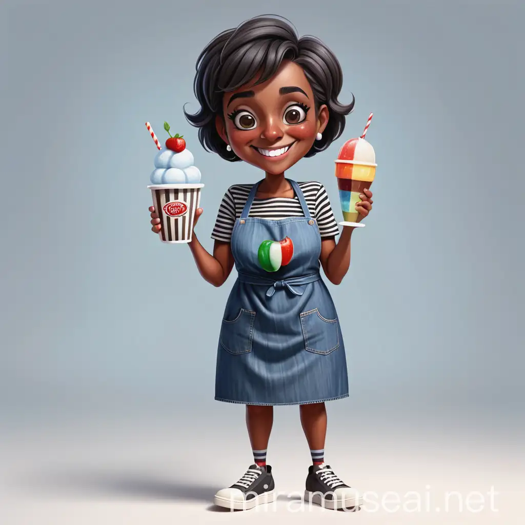 Smiling Cartoon Grandmother in Denim Dress Holding Italian Ice Cup