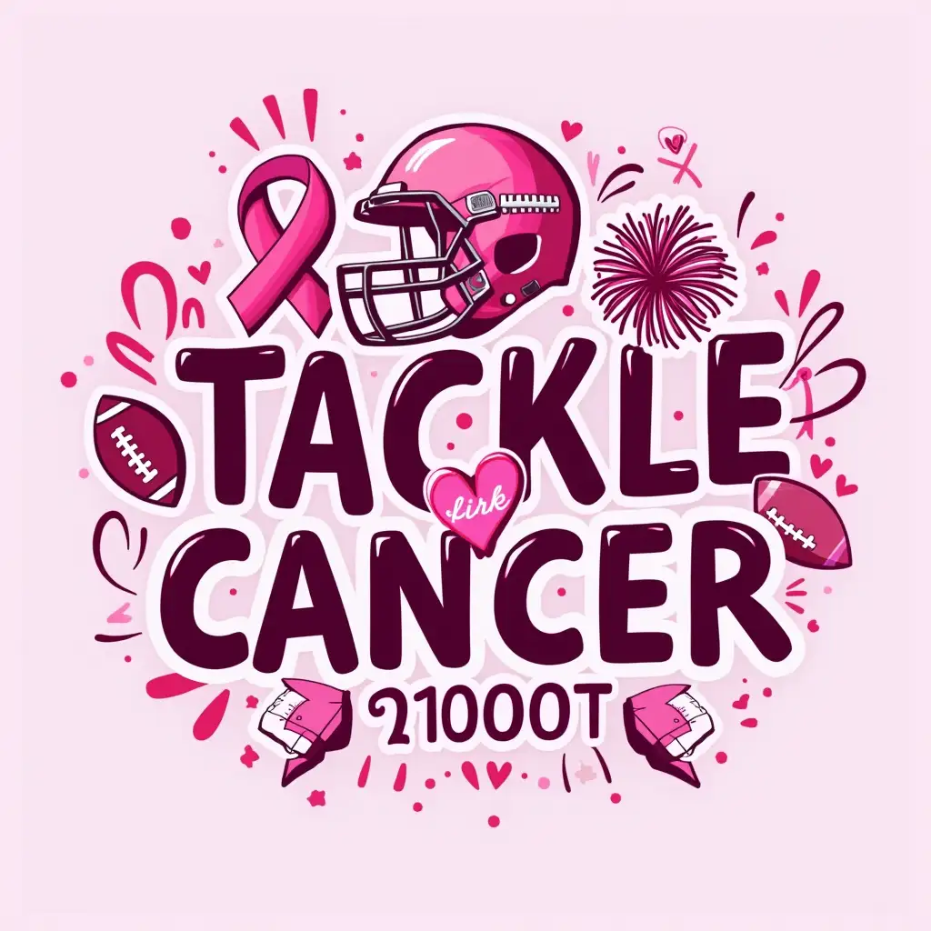 Vector. Create a vibrant, pink-themed image with the words 'TACKLE CANCER' written boldly in a bold, decorative font. The words should be surrounded by a pink ribbon, a football, a football helmet, and a cheerleader's pom-pom. The overall design should be eye-catching and supportive.