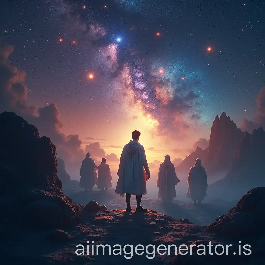 generate an image of a being traveling through the cosmos and meeting some wizards who teach him to decode codes of light