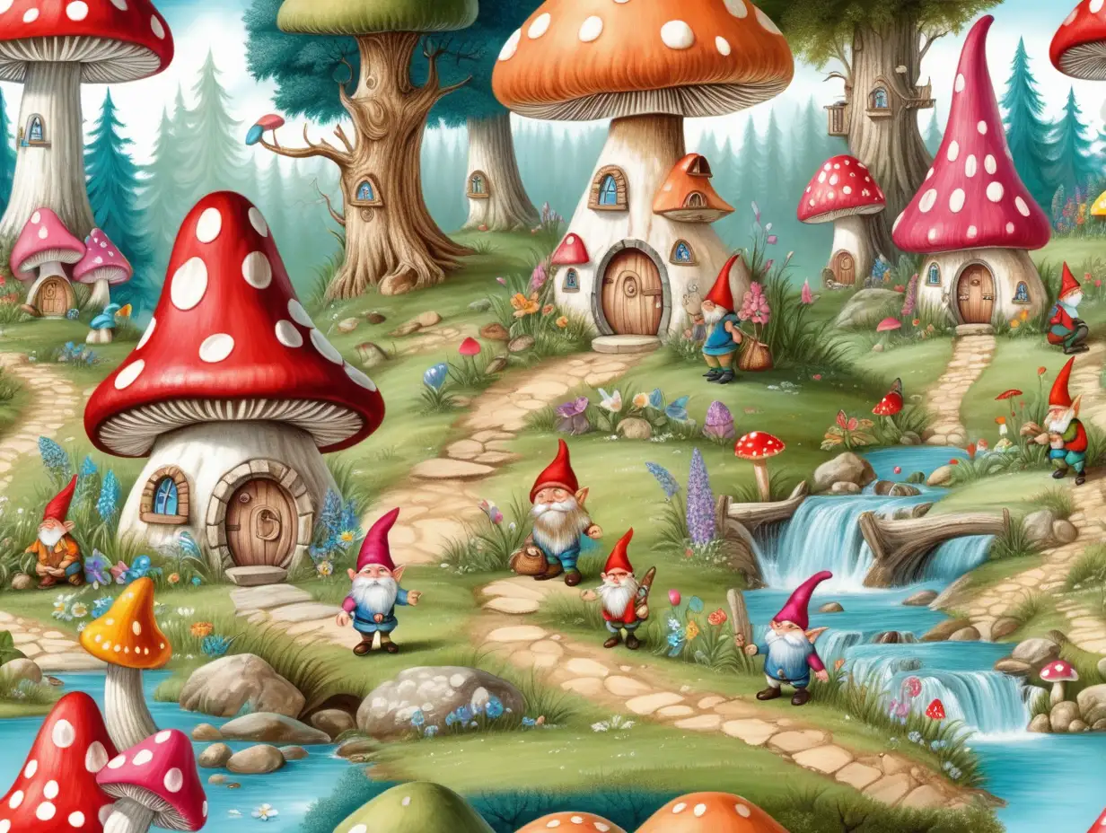 Colorful Fairytale Forest with Gnomes and Toadstool House