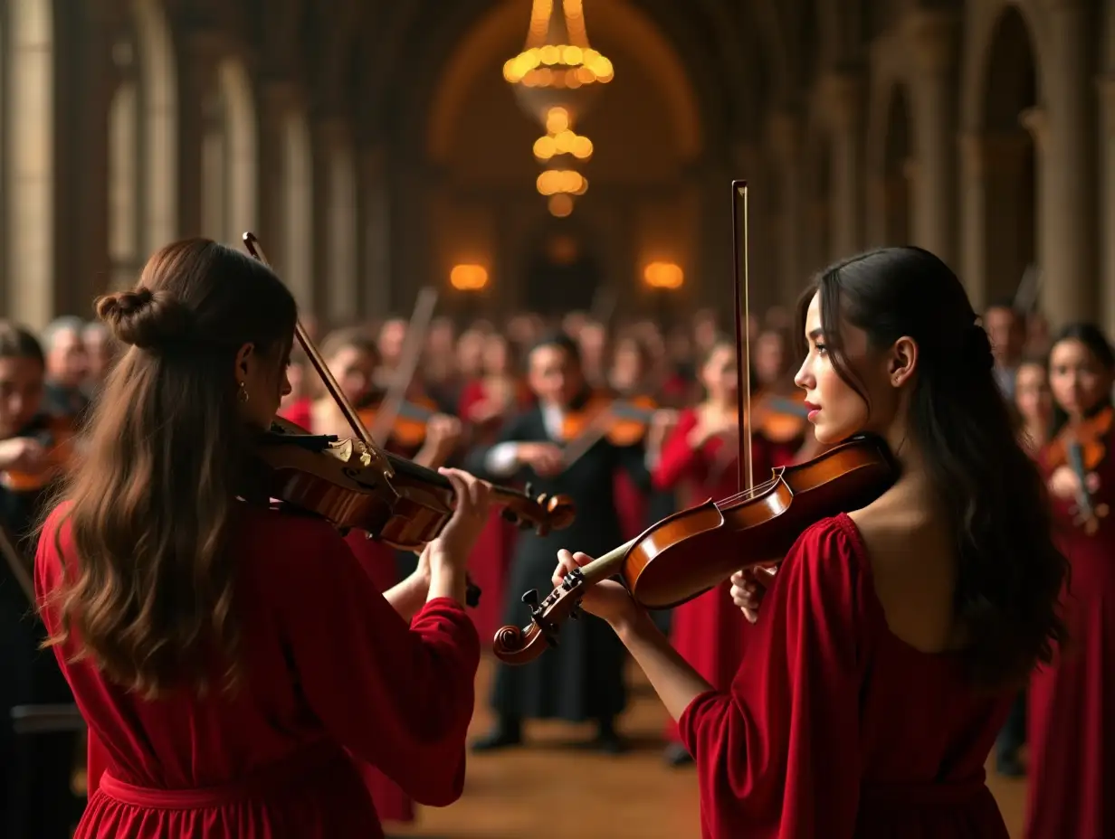 two realistic gorgeous women in red in close-up playing violins, and in the background a symphonic orchestra with instruments in a medieval hall castle