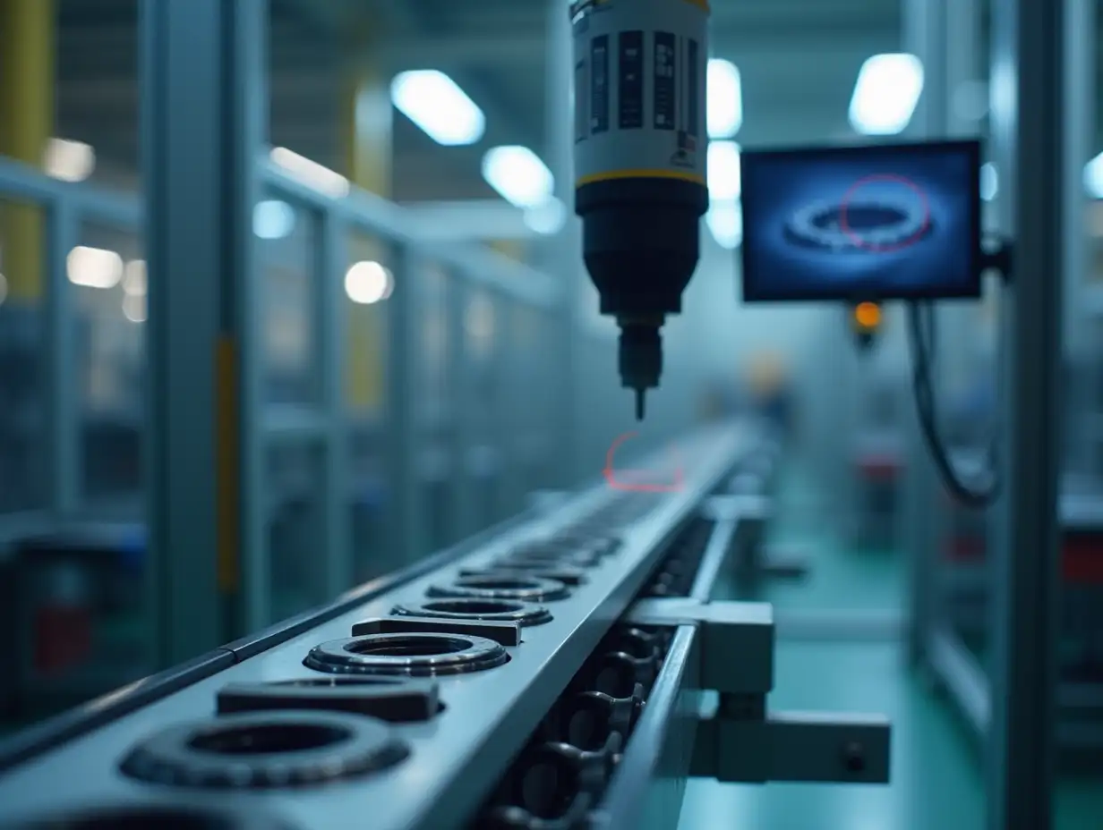 Close-up of a conveyor belt in a factory where a computer vision camera inspects metal parts. In the background, a screen shows an image of the part with a red circle around the defect (scratch). The atmosphere of modern production, clean lines, technological style, focus on the camera and screen. Realistic style, soft lighting, neutral background