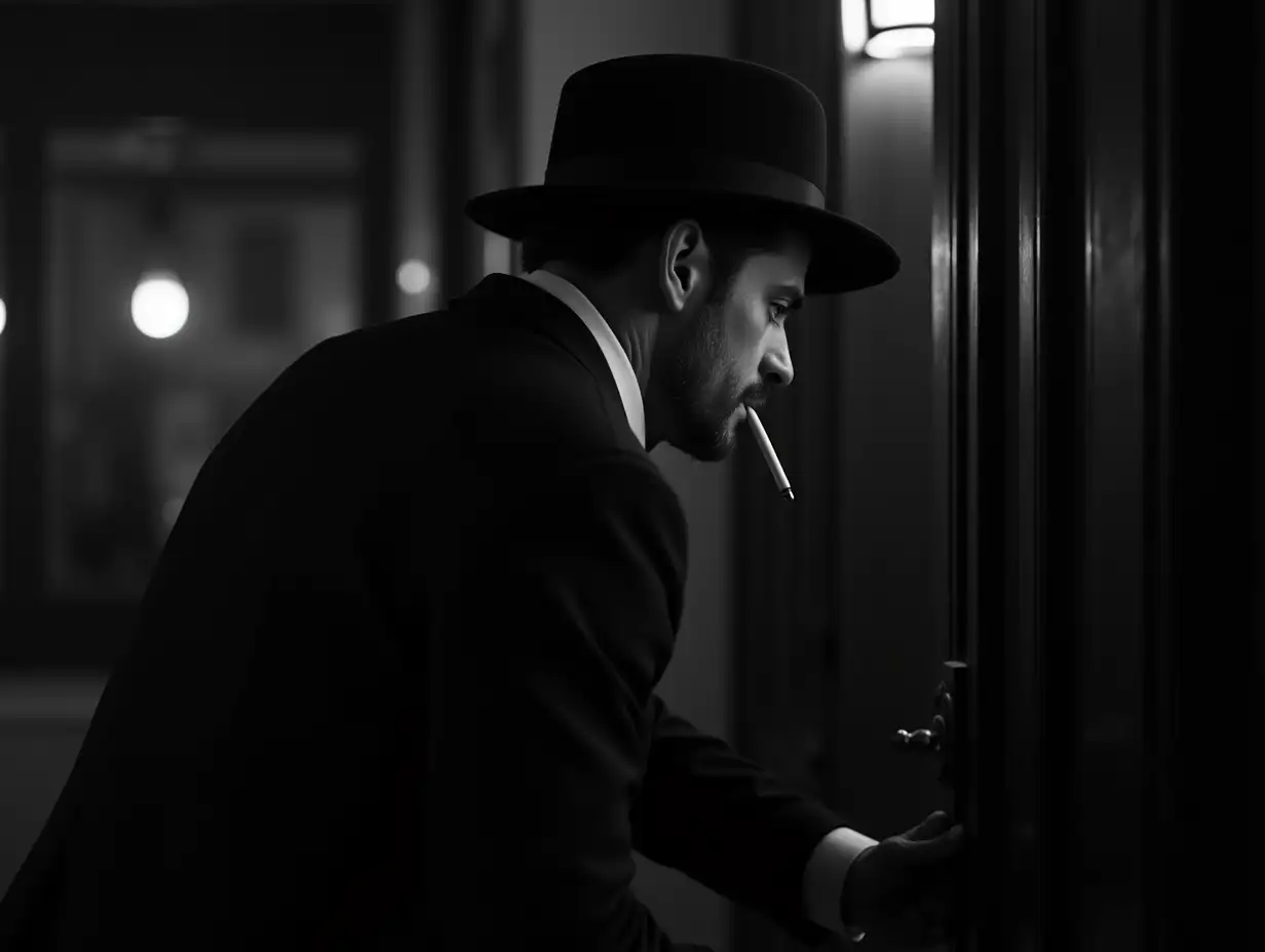 Man-in-1960s-Style-Suit-Exiting-Cafe-in-Black-and-White-Cinematic-Scene