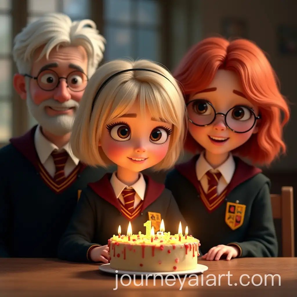 9YearOld-Girl-Celebrating-Birthday-at-Hogwarts-with-Her-Parents-in-Gryffindor-Uniforms