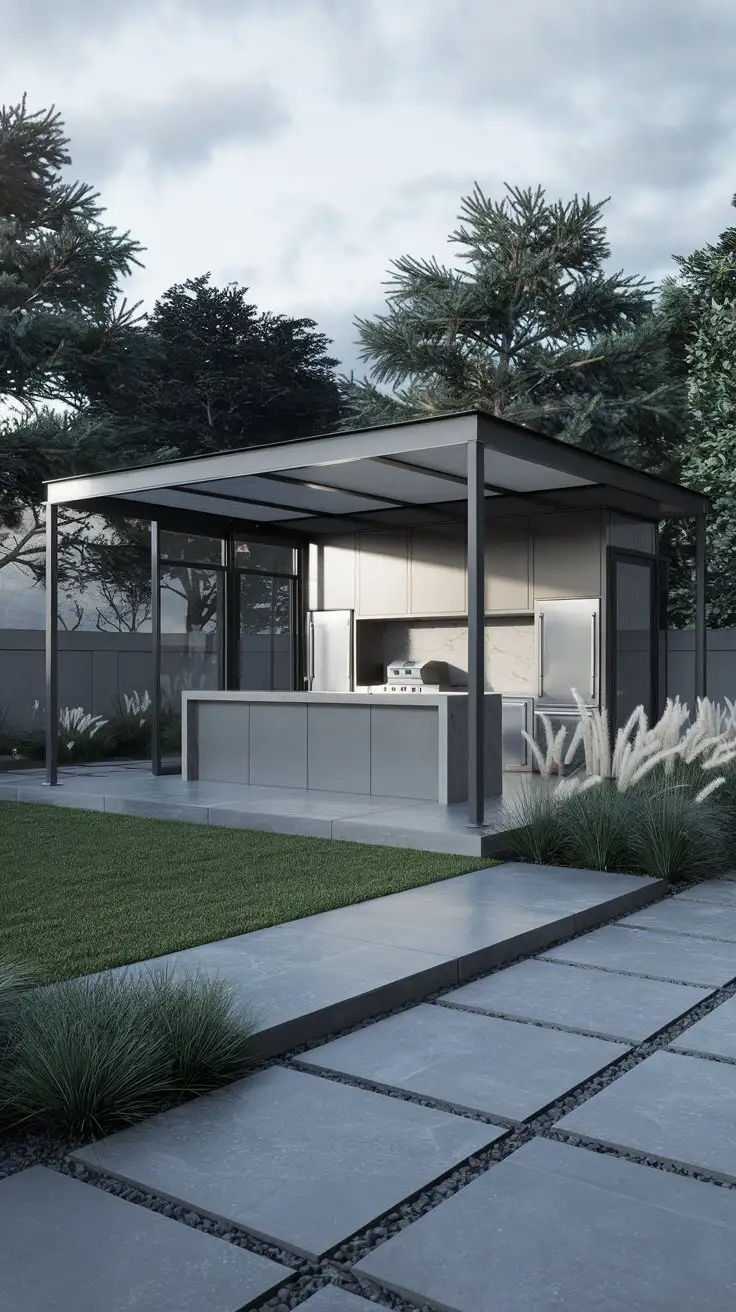 Modern-Minimalist-Pavilion-in-Contemporary-Garden-with-Outdoor-Kitchen