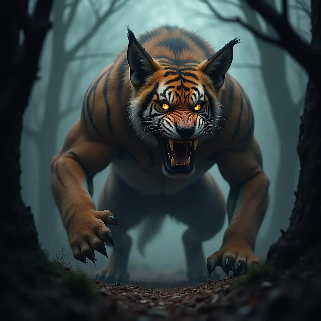 A large, terrifying hybrid creature that blends the features of a dog and a tiger. This creature has the muscular body and stripes of a tiger, combined with the head, fur, and ears of a fierce dog. Its eyes glow menacingly, and its sharp teeth are bared in a threatening snarl. The background is a dark, misty forest, with shadows and dim light adding to the ominous atmosphere.