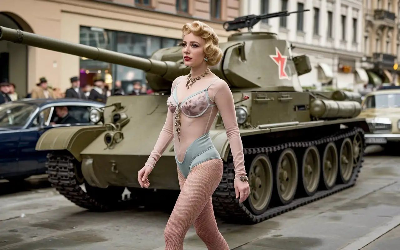 Marika-Rkk-as-a-Variet-Dancer-in-1948-Vienna-with-Soviet-Tank-M4A-in-Background