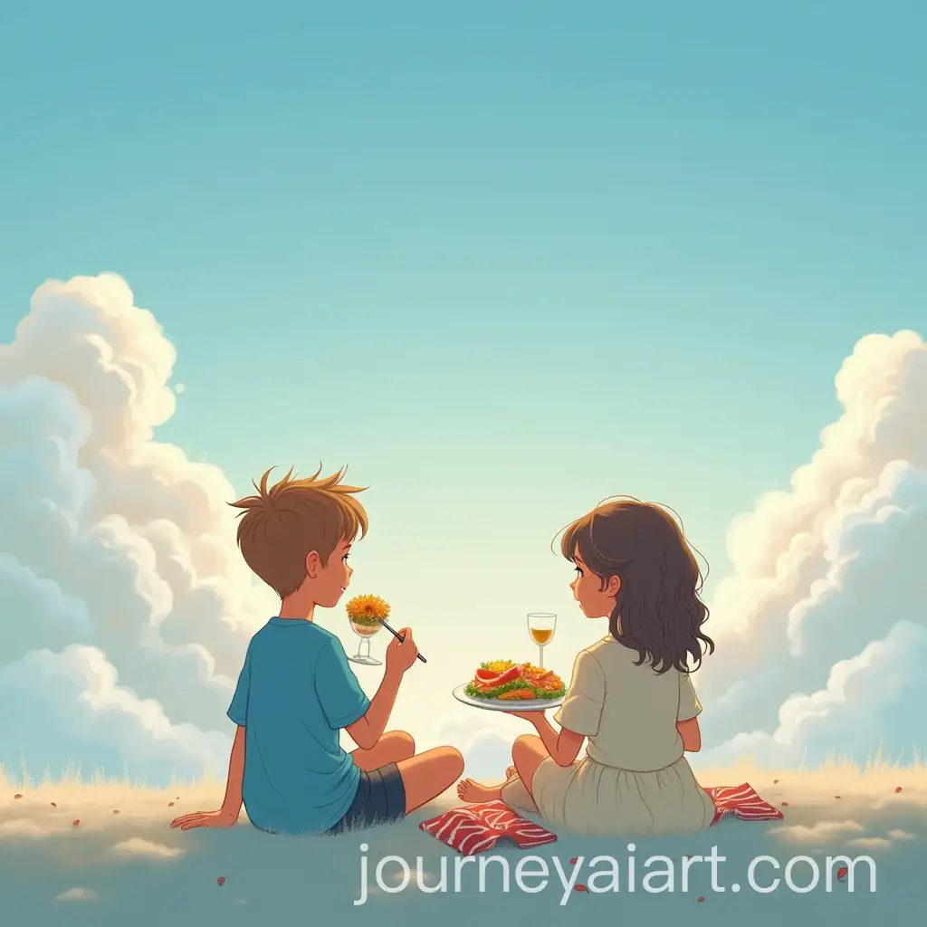 Boy-and-Girl-Enjoying-Lunch-Together-in-the-Sky-Over-the-Clouds