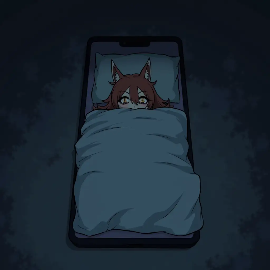 A girl with a fox mask on her face is laying down in her bed. The girl is covered with blankets completely, except for the head. The bed is located on the giant smartphone. The whole picture is dark and creepy. Anime style.