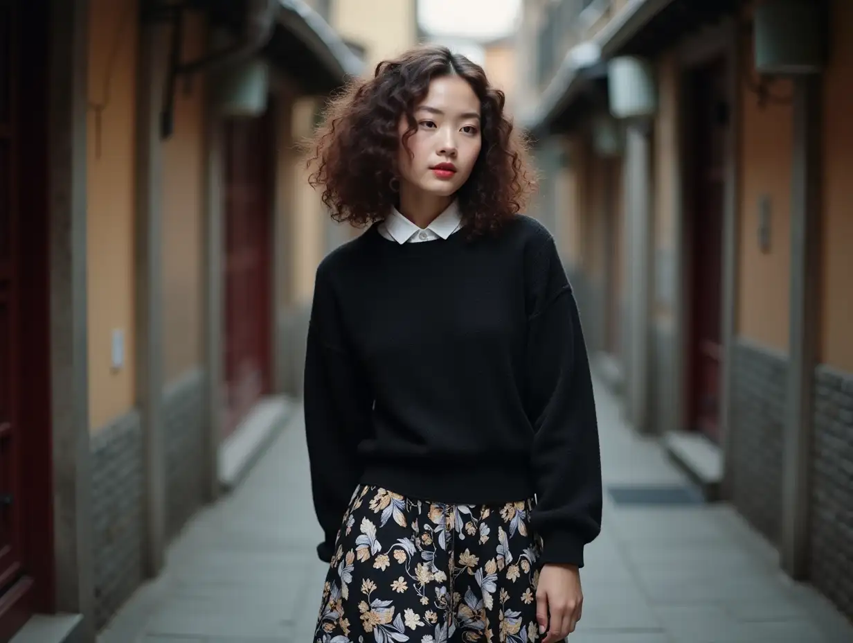 A young woman, Chinese, wearing a floral skirt, black and white floral skirt, curly hair, wearing a black woolen sweater, walking in a narrow alley