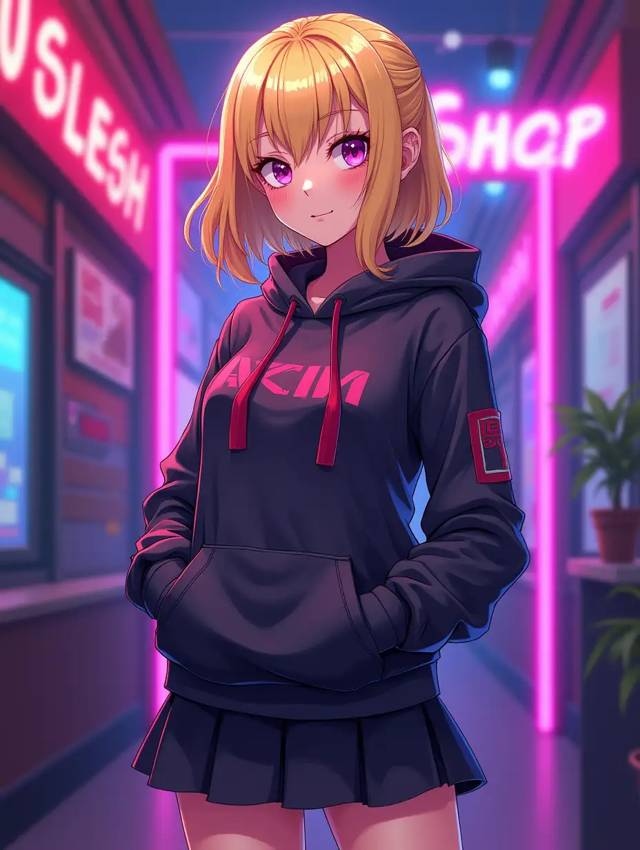 Cool and sexy blonde girl, violette eyes, middle hair, cyberpunk, hoody, skirt, dinamic angle, neon indoor background, anime picture, anime series style, non-realistic, flat 2d art, by Artgerm and Magali Villeneuve