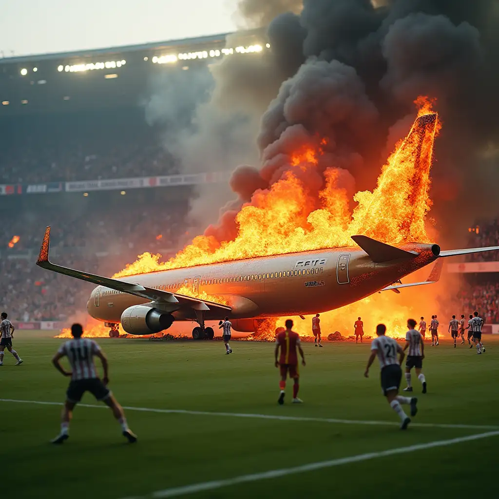 An incinerated big boeing 737 crashing on a soccer field full of players.nIn the background, a crowd in the stands.