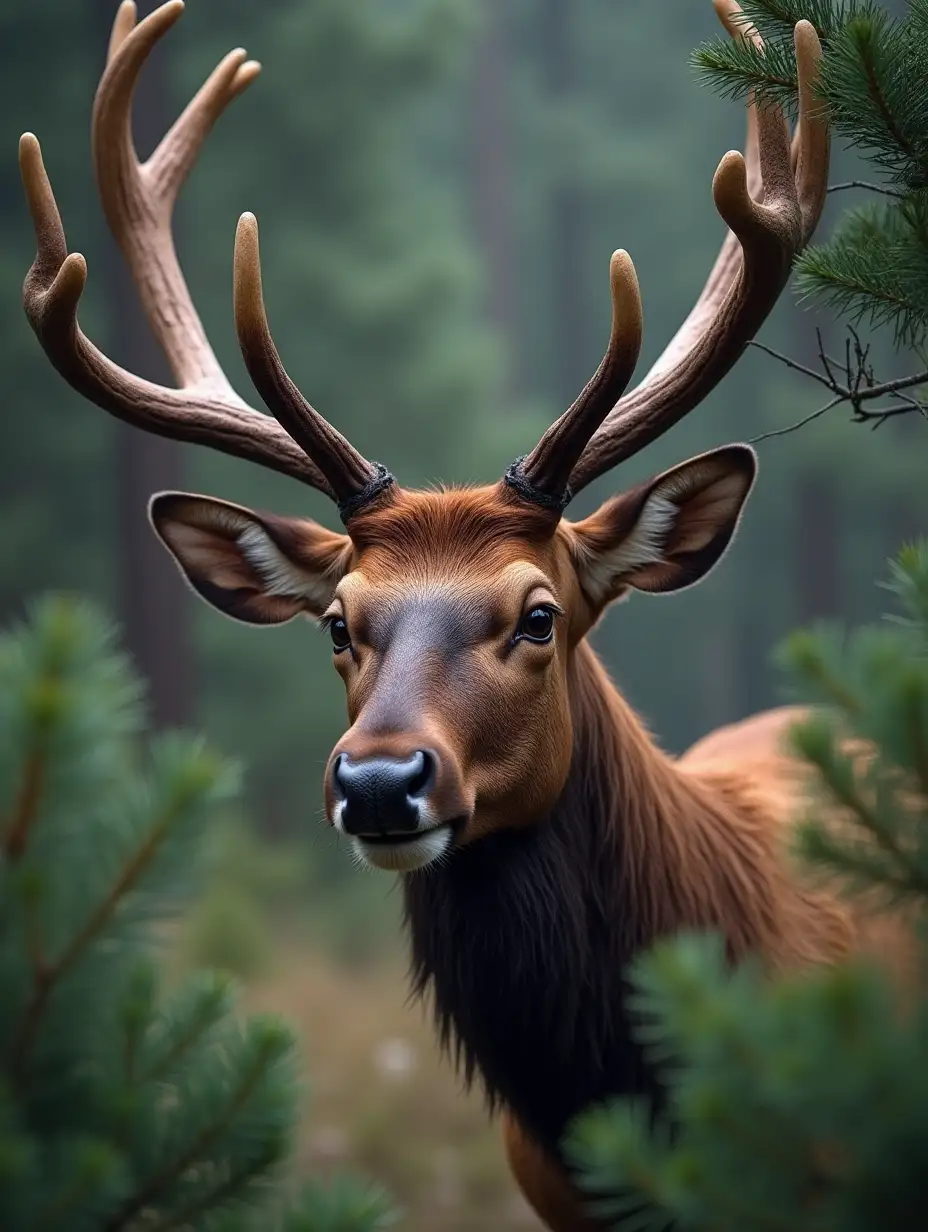 Head of a funny elk peeks out from fir branches