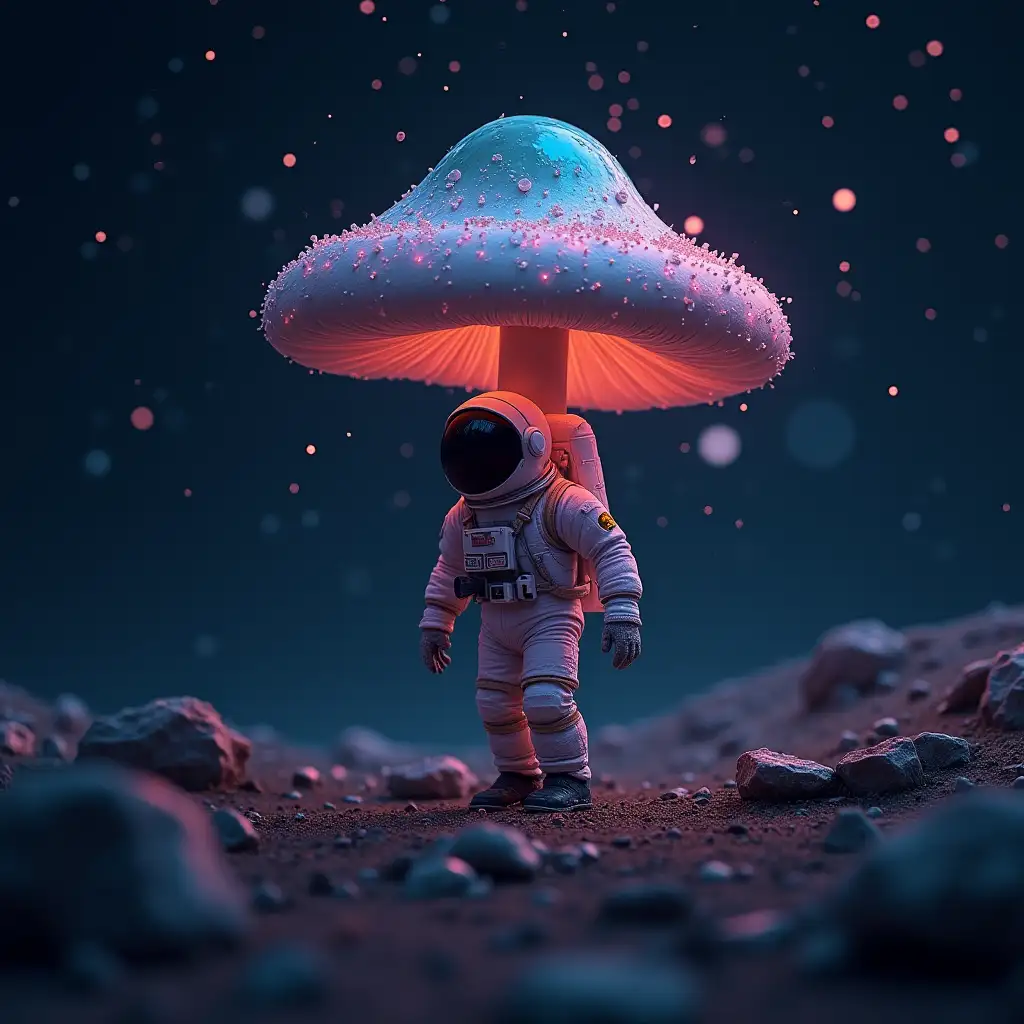 An astronaut mushroom floating in the galaxy