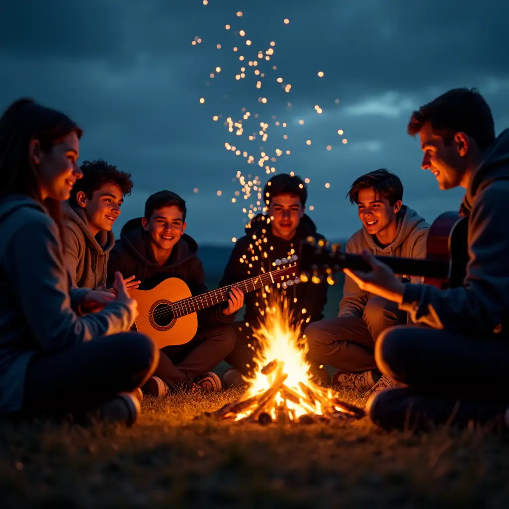 Youth sitting around a campfire, singing to guitar, sparks flying into the sky.