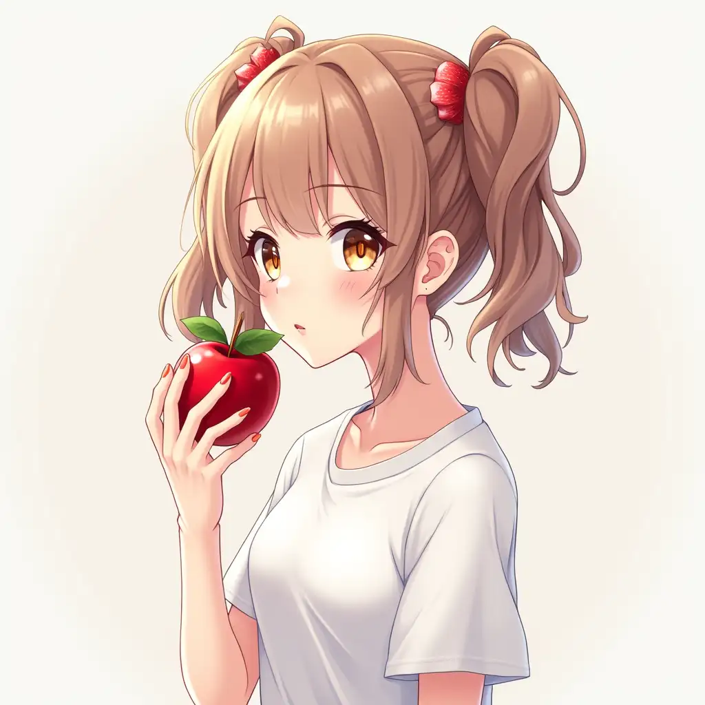 anime, profile picture cute girl with twintails, white t-shirt, photorealistic. girl has red apple in her hands, going to bite, looking into camera