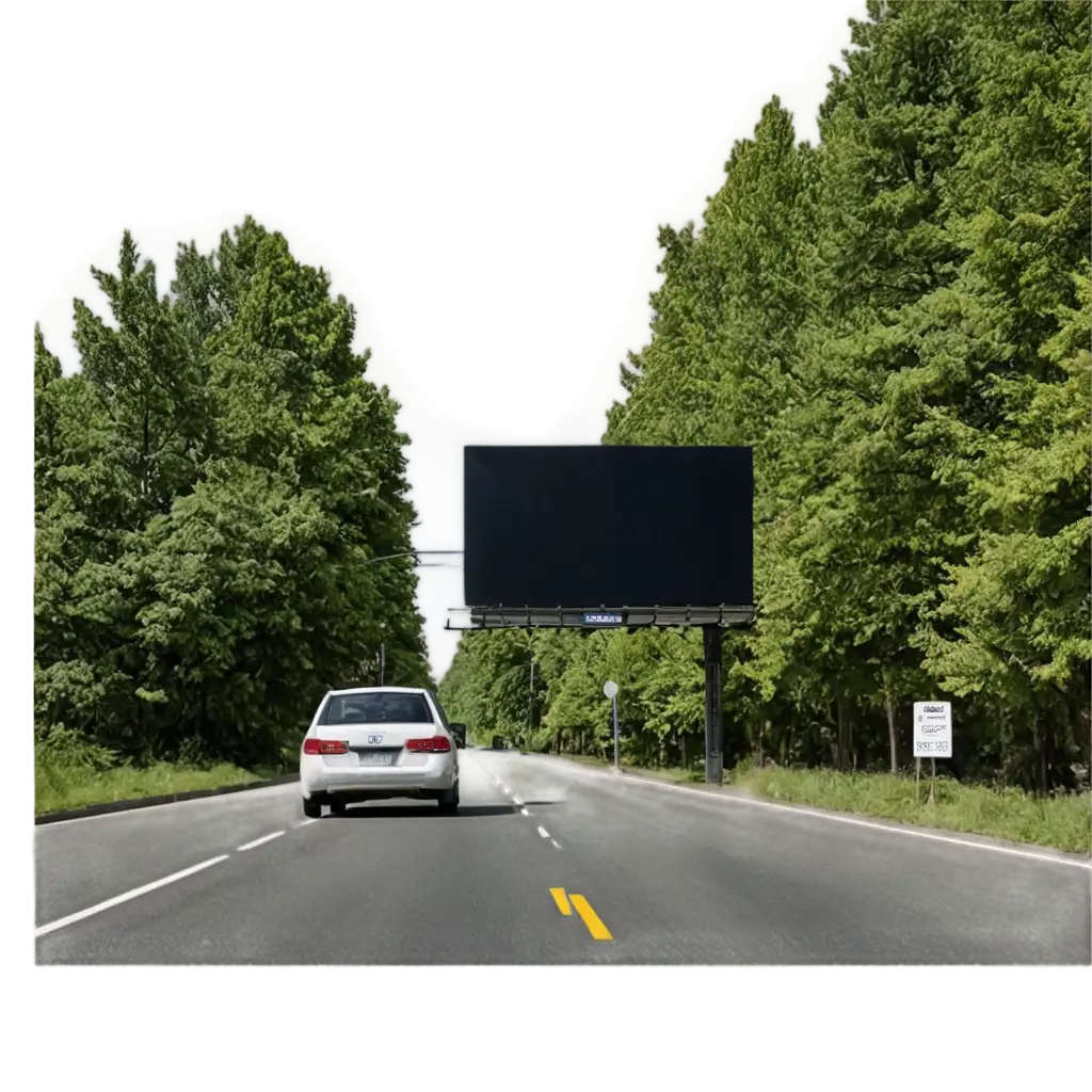 billboard on a road filled with trees and one car