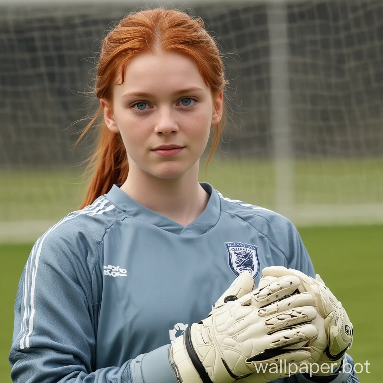 young girl, full-length, female goalkeeper, redhead, grey-blue eyes