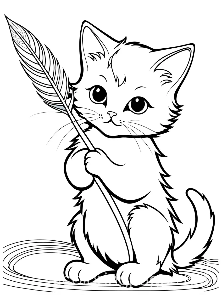 Kitten-Playing-with-Feathery-Toy-Black-and-White-Coloring-Page