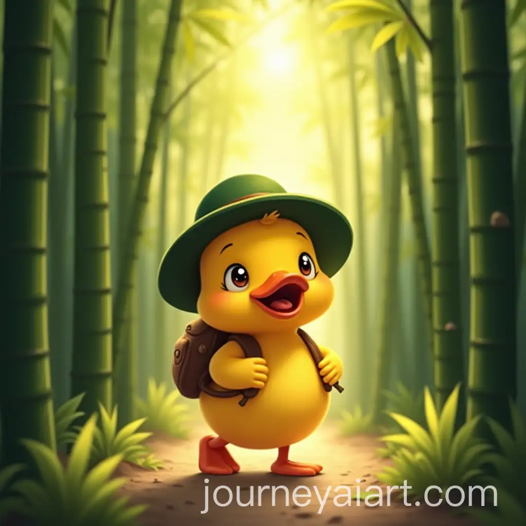 Cute-Yellow-Duck-with-Green-Adventure-Hat-Walking-Through-Bamboo-Forest