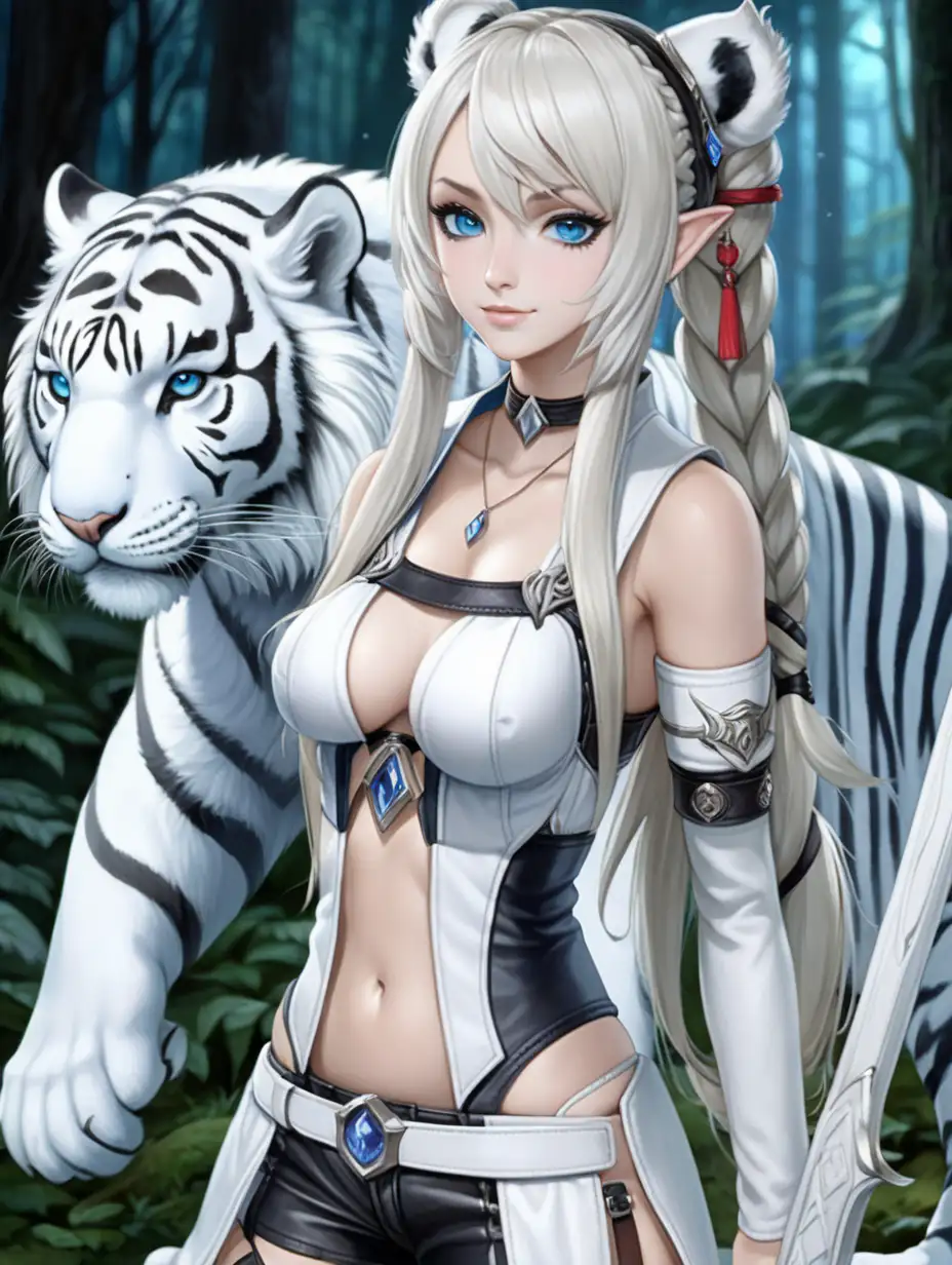 (((White mage's uniform))), ((mage woman)), ((white tiger ears)), very night forest, white long hair, заплетённые косы у виска, (only 1 woman), (blue eyes), ((плоские зрачки)), black freckles, ((without humans ears)), ((beautiful  face)), ((black leather Trousers)), (A slight smile), (sexy)