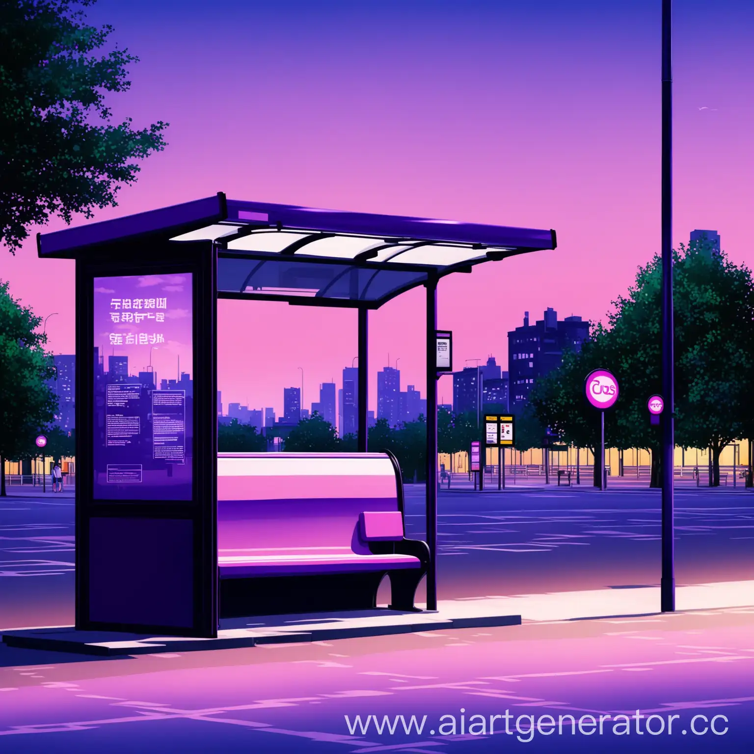 City-Bus-Stop-in-Summer-Evening-with-Purple-Pink-Sky