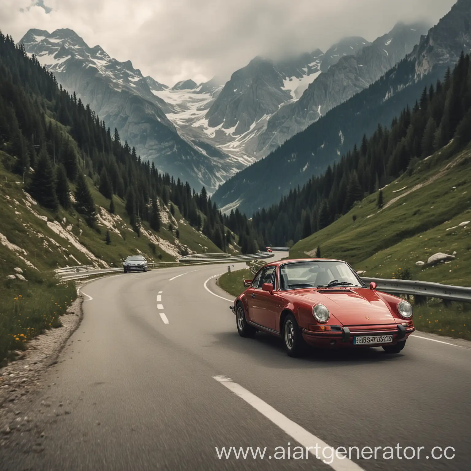 Porsche-911-Driving-Through-the-Alps-on-a-Scenic-Mountain-Road