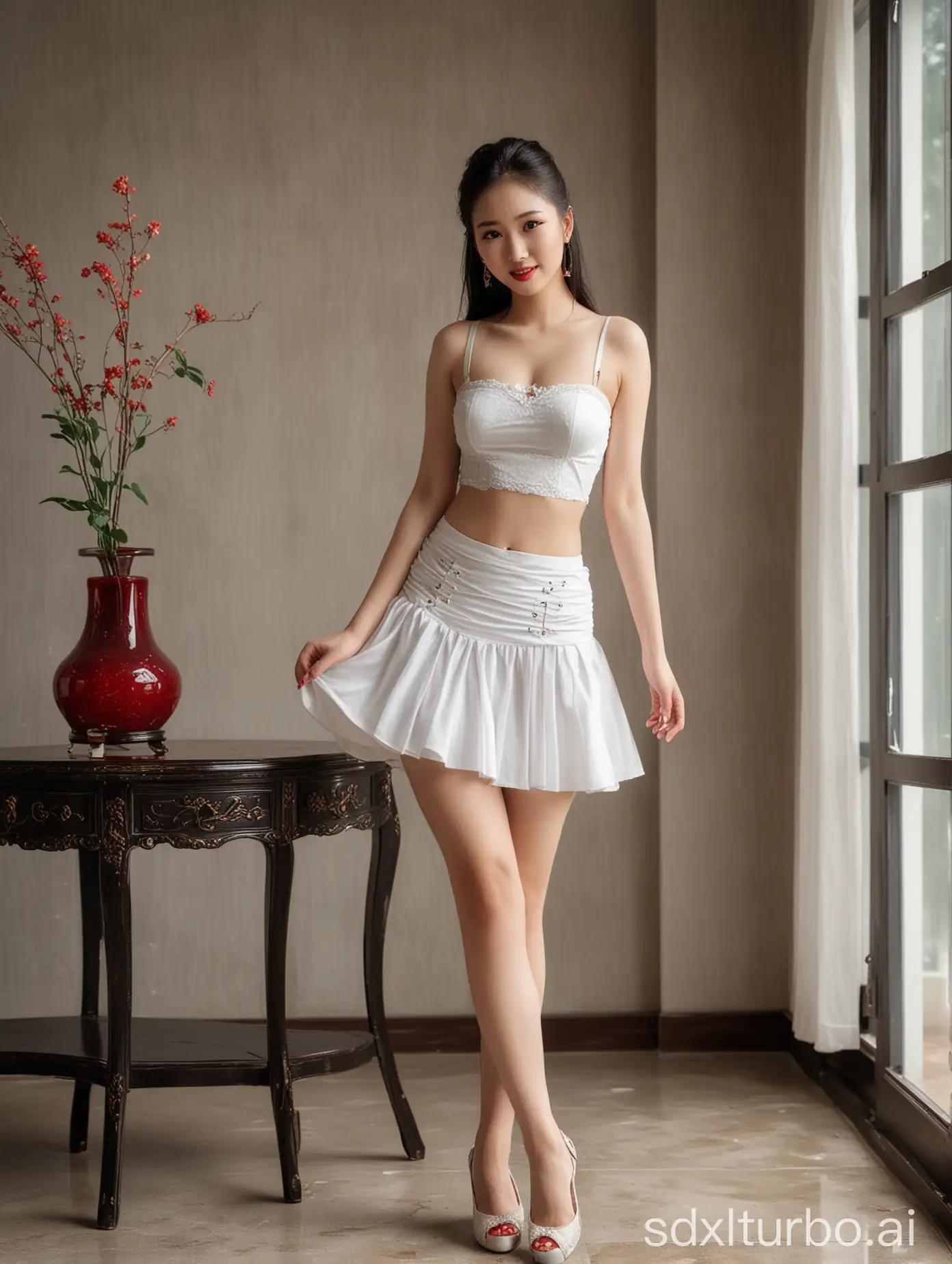 Plump-Chinese-Woman-in-RainSoaked-Skirt-and-HighHeeled-Shoes