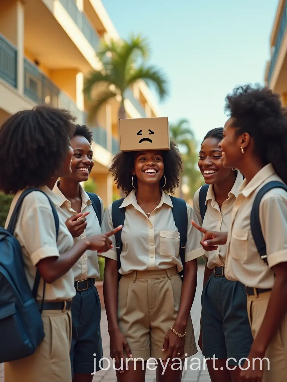 African-Teenage-Girls-in-School-Courtyard-Teasing-Peer-with-Sad-Face-Emoji-Box