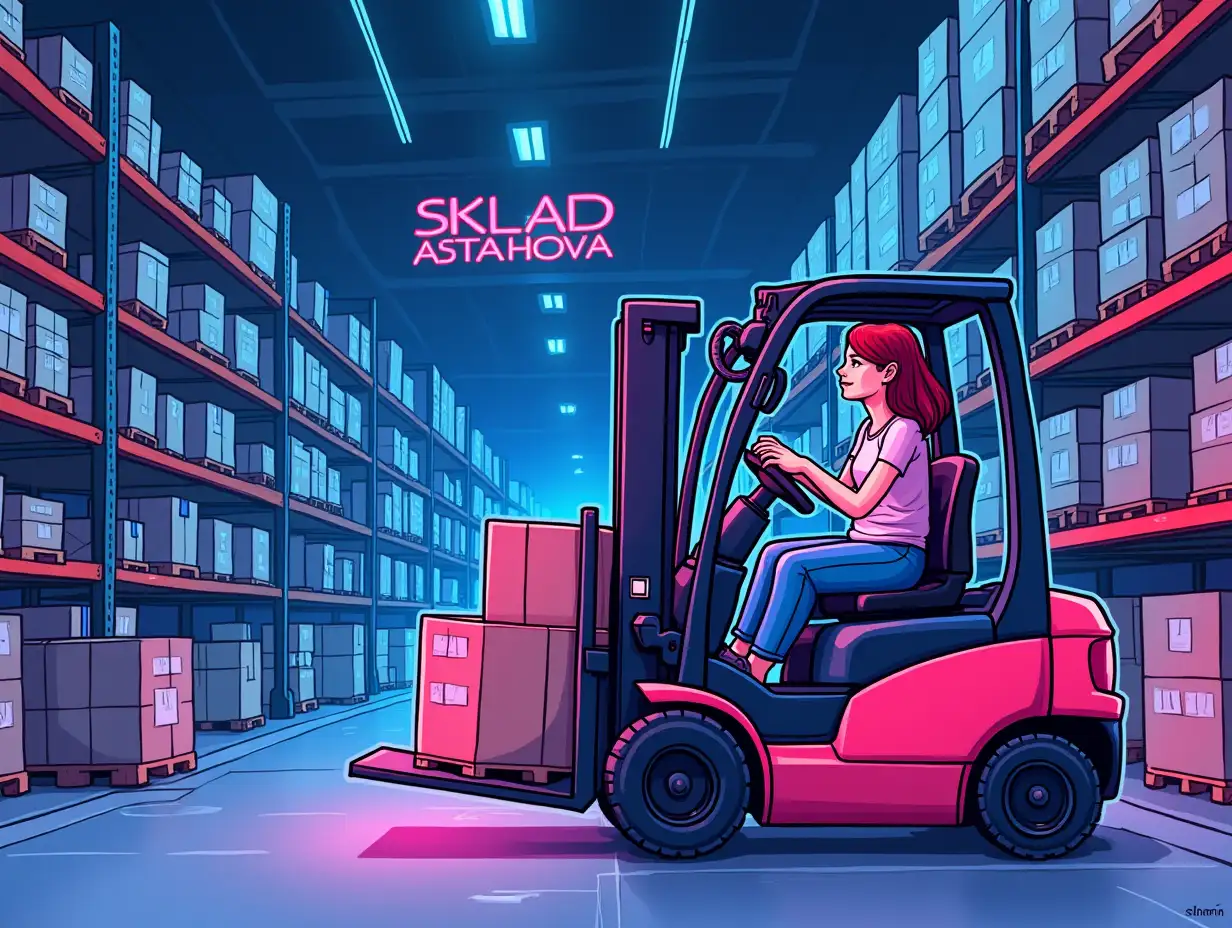 Background of a large warehouse with details, boxes on shelves. Cartoon style. Girl, age 27, sits on a forklift, moves boxes in the warehouse, drawn in a cartoonish exterior, everything in neon, colors blue, pink, purple, big inscription *SKLAD ASTAHOVA*