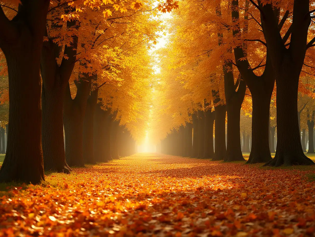 A grove of golden autumn, covered with fallen leaves on the ground, sunlight shines through the tree crowns and pours out warm rays, symbolizing the harvest and beauty of autumn.