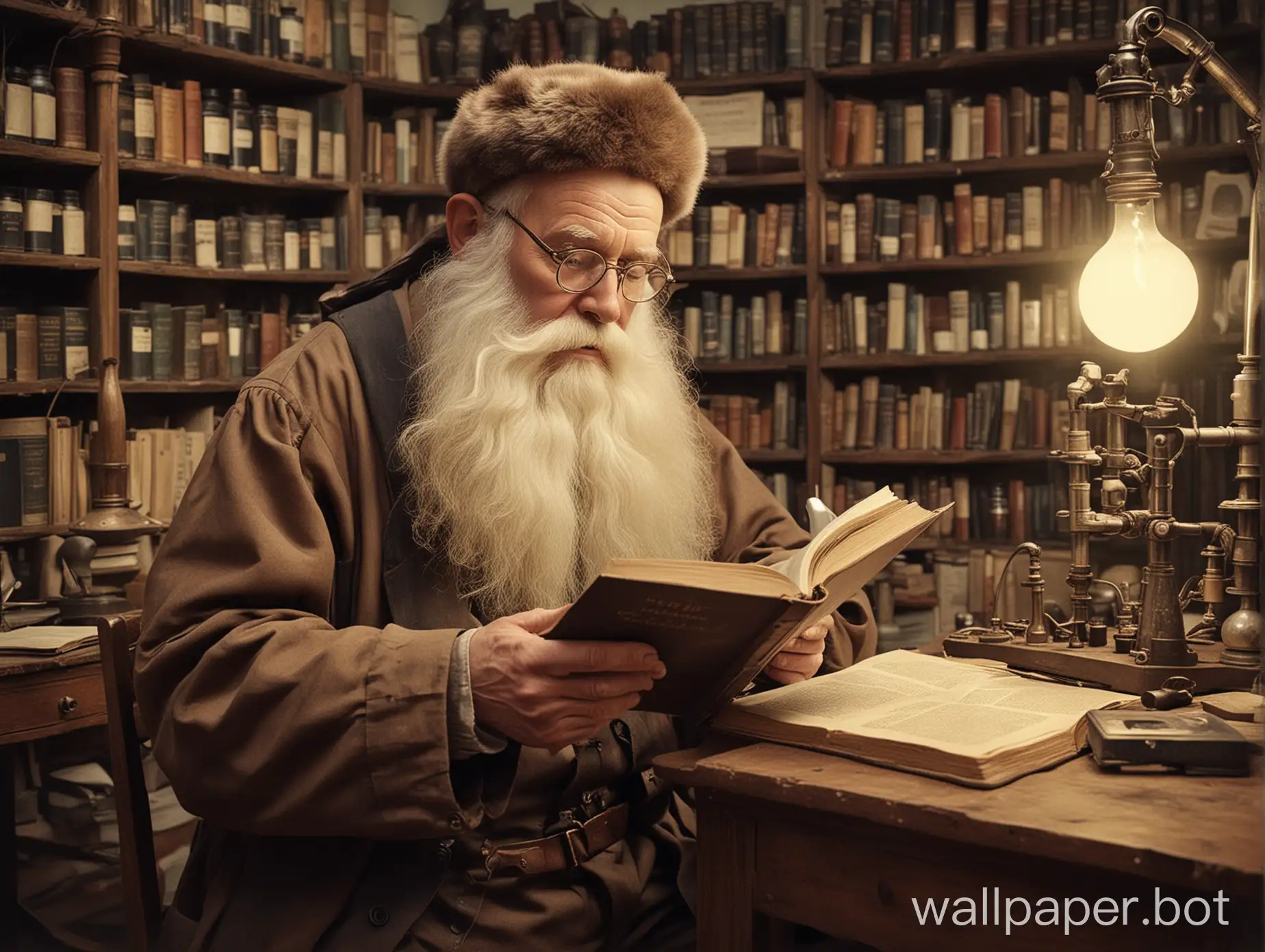 In a old chemistry lab in late 1800 centuries a old man with huge beard is reading a book in which believe in yourself is written the book name is believe in yourself and right side to him there are lab equipments testips etc and website to him there are some books put in a row and the book names are satellite communication optical fibre and mobile communication On the book names generate the photo without shade colour without the normal vintage colour just as a normal realistical