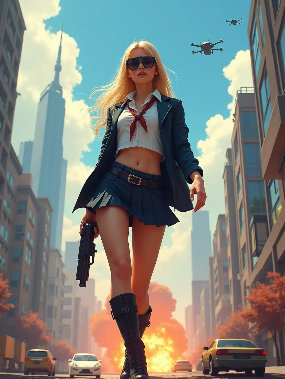 Wide-angle digital painting, (Beautiful woman in stylish school uniform, midriff showing, short skirt, combat boots, and sunglasses : 1.3), Triangular composition, Dynamic full-length pose, Confident expression, (Armed mercenary: 1.3), Gun grip, Supporting pose, City background, Skyscrapers in the distance, nuclear explosion in extreme distance, two small targeting drones above, (Bright sunlight: 1.2), Sharp contrasts, Bold colors, Clear details. female mercenary in cool cyberpunk style in colorful fantasy style, realism, post-apocalyptic landscape, cartel, bald rod, oil painting, rod Nostalgia, strong emotions, low angle, high detail, sharp focus