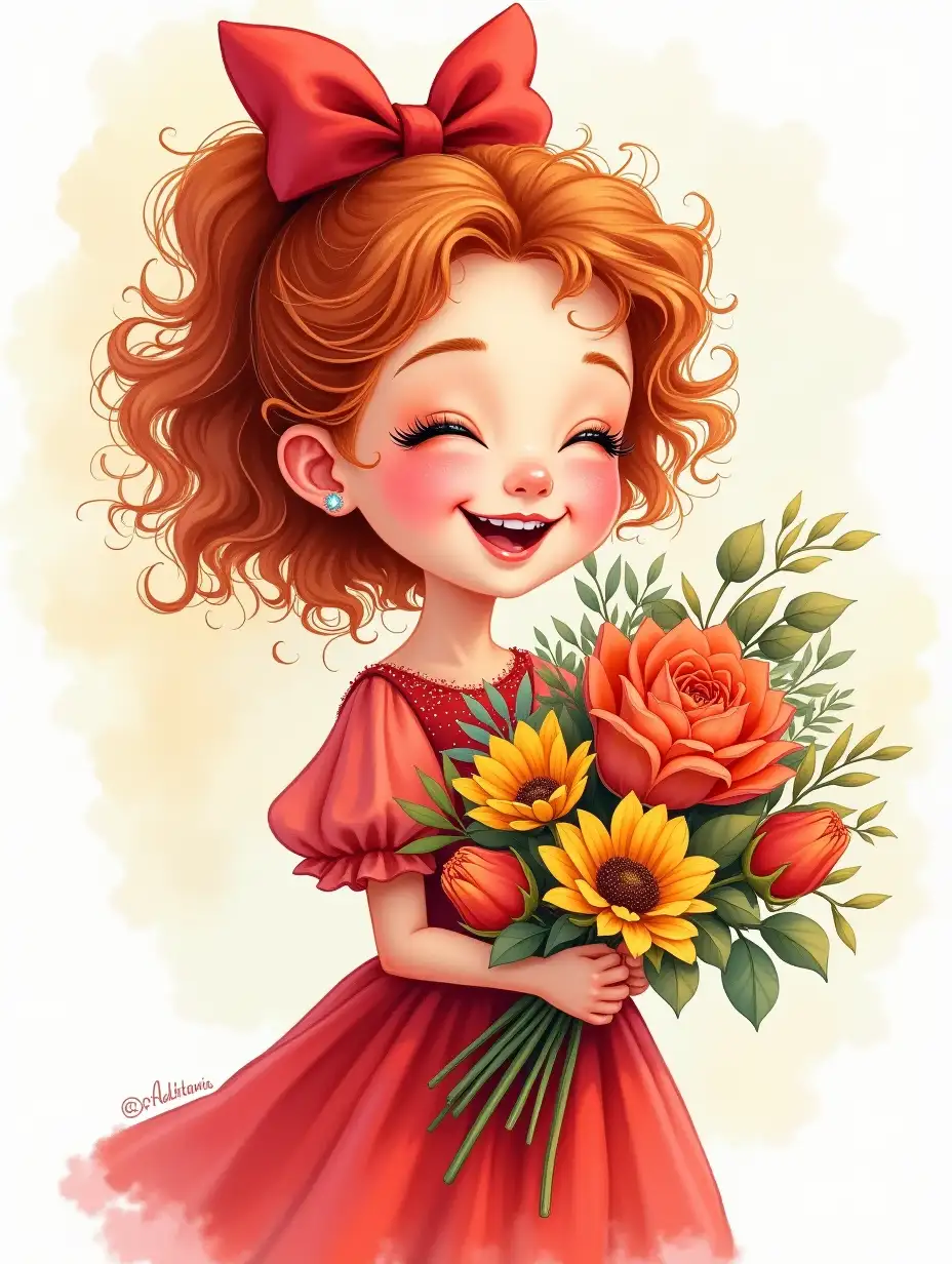 A caricatured tender funny girl in full growth, European appearance DreamWorks reddish curls, drawing of eyelashes, closed eyes, rosy chubby cheeks with freckles, plump lips laughing. On her head is a large red bow, dressed in a red fluffy dress with sparkles, holding large bouquet of bright flowers, ink drawing, 4k, high detail photorealistic airy realistic watercolor, photorealism, wide strokes,