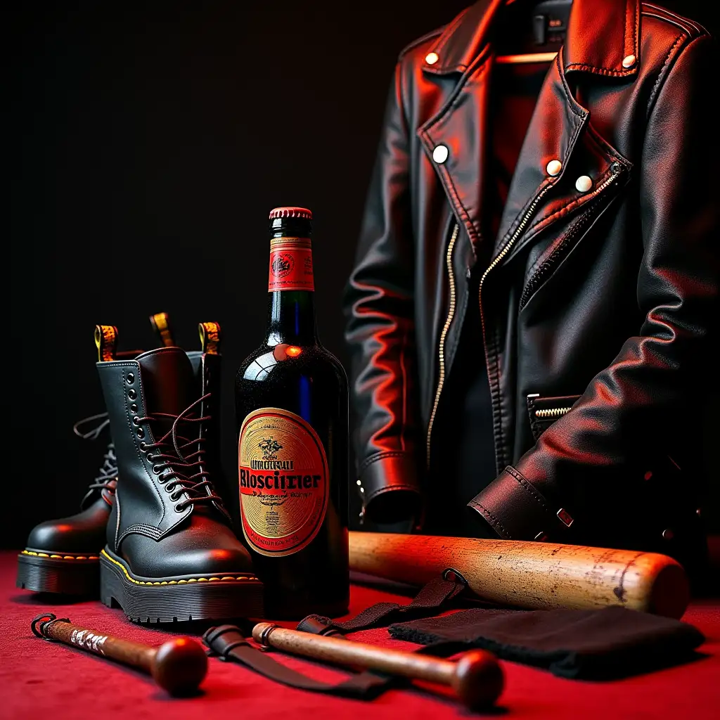 A bold, high-contrast image that captures the essence of punk rock's rebellious spirit.  Key Elements:  A close-up of bottle of  booze, one pair of Dr Martens boots, a  baseball bat, two pairs of suspenders, and a worn leather jacket, symbolizing the punk aesthetic.nDistressed Texture*: The image could have a distressed, grainy texture, evoking the spirit of punk's lo-fi, anti-establishment ethos.nColor Scheme - Main color: A deep, rich black, representing the punk movement's affinity for darkness and rebellion. - Accent color: A bright, fiery red, symbolizing passion, energy, and defiance.n# Mood and AtmospherenThe image should exude a sense of raw energy, rebellion, and nonconformity, capturing the essence of punk rock's spirit.