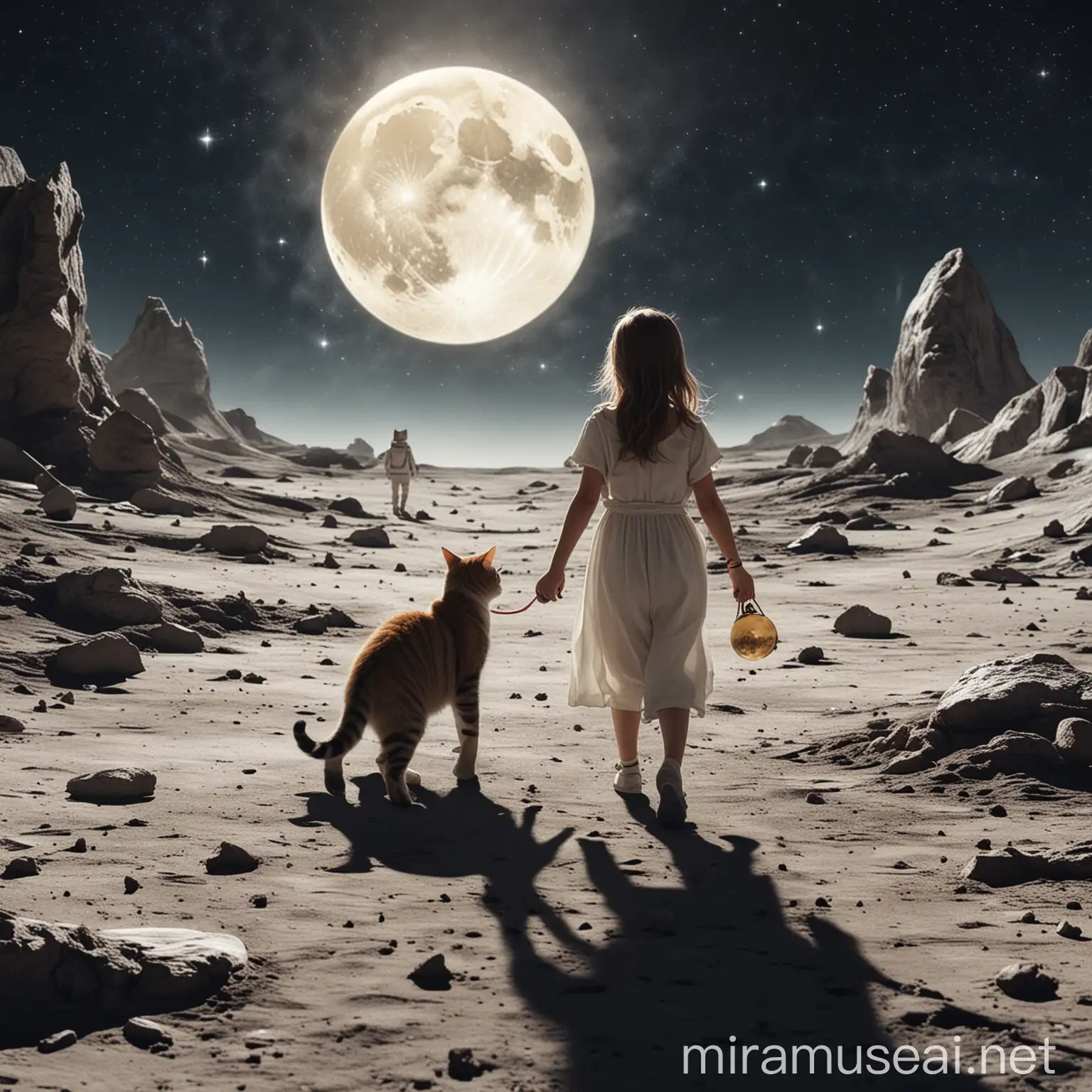 Girl Walking Her Cat on the Moon