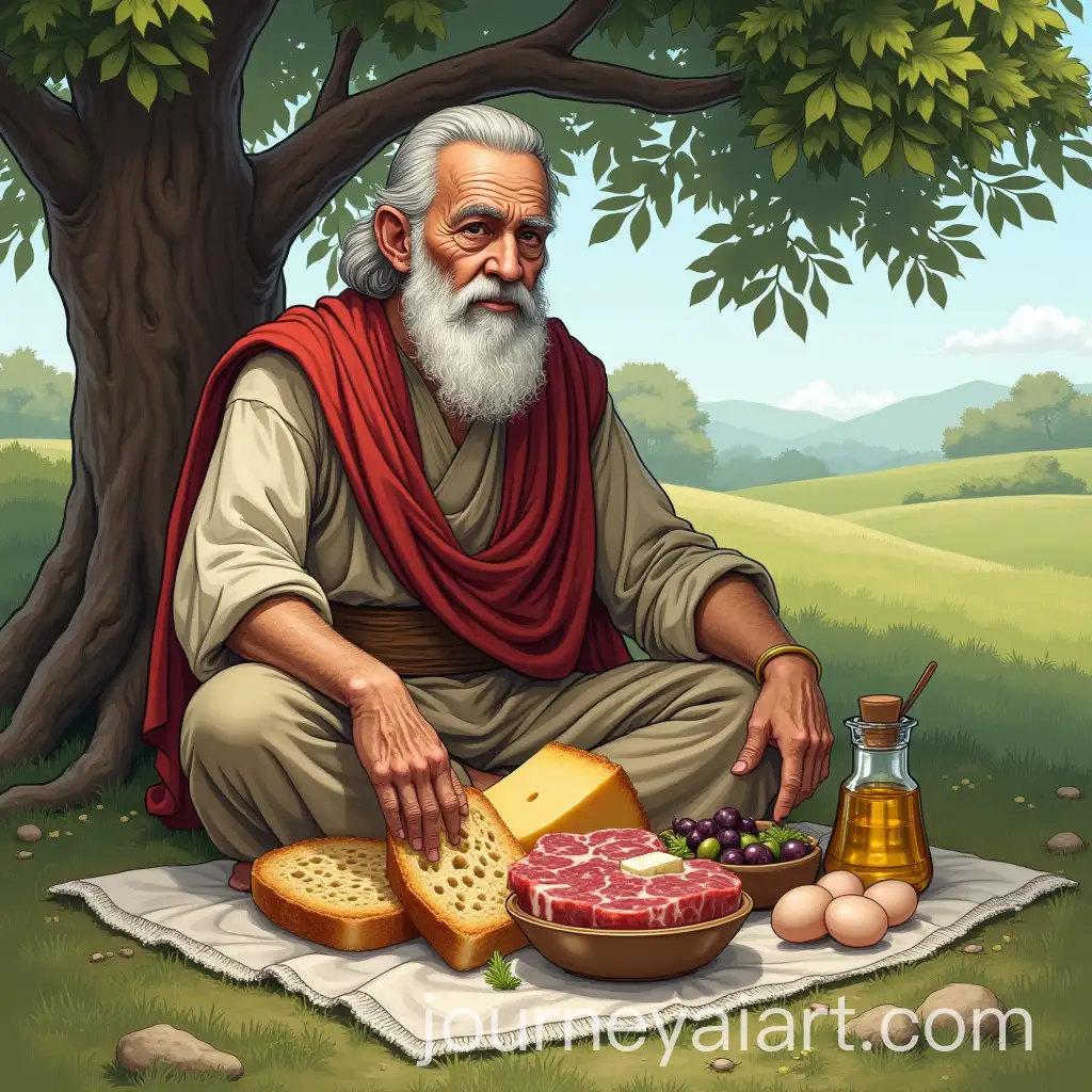 Elderly-Man-in-Ancient-Garden-Enjoying-a-Simple-Meal-with-Bread-Meat-Cheese-and-Olives