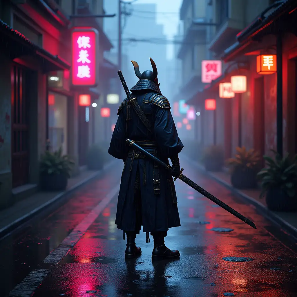 A lone cyberpunk samurai standing in a neon-drenched alleyway, rain reflecting in his chrome katana, intricate details, trending on artstation, unreal engine 5